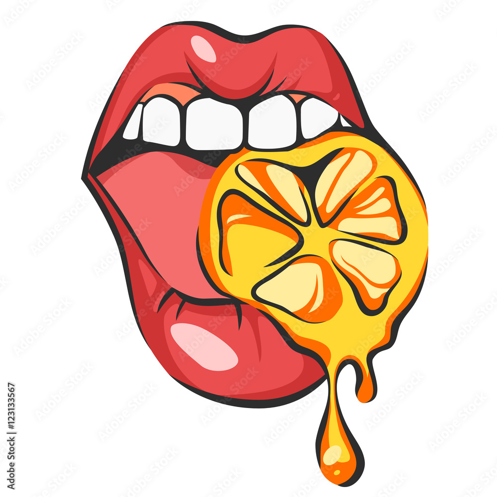 Sexy lips with juicy orange. Pop art mouth biting citrus. Close up view of  cartoon girl eating fruit. Isolated vector illustration on white  background. Stock Vector | Adobe Stock