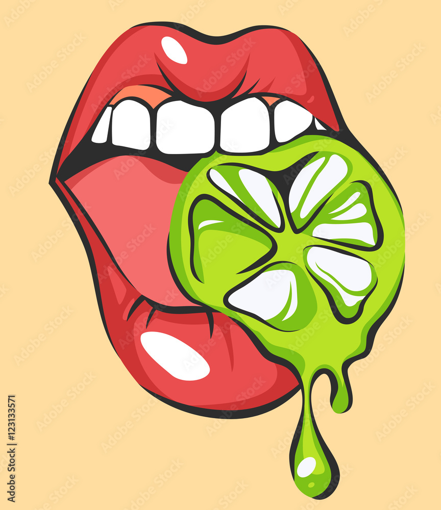 Sexy lips with juicy lime. Pop art mouth biting citrus. Close up view
