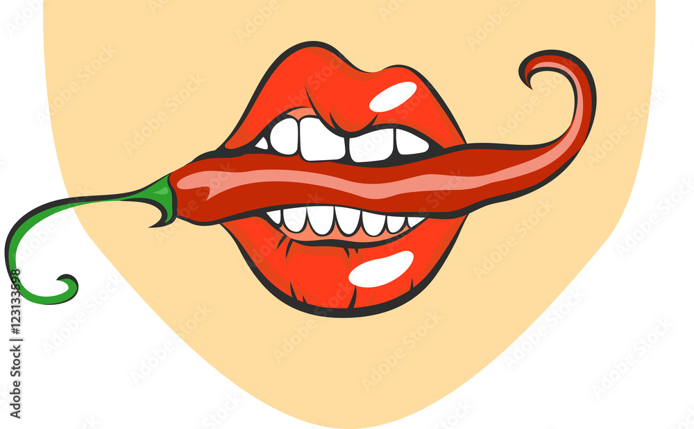 Sexy lips with red hot chili pepper. Pop art mouth biting spice. Close up  view of cartoon girl eating flavouring. Vector illustration Stock Vector |  Adobe Stock