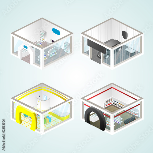 Set of the isometric shops and other elements (Clothing, Auto products, Auto shop). Vector illustration.