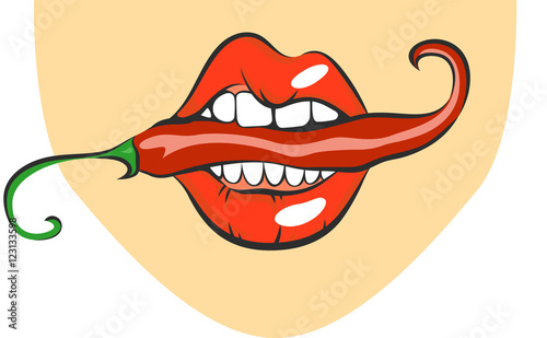 Sexy lips with red hot chili pepper. Pop art mouth biting spice. Close up view of cartoon girl eating flavouring. Vector illustration