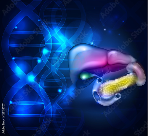 Gastrointestinal tract abstract DNA background design, liver, stomach and other surrounding organs, detailed colorful drawing