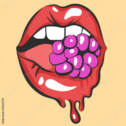 Sexy melting lips with juicy gum or berry. Pop art mouth biting candy. Close up view of abstract cartoon girl eating raspberry. Vector illustration