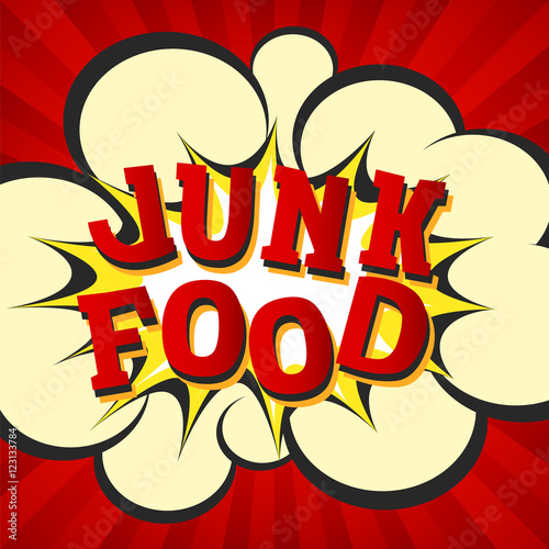 Junk food retro style image. Comic cartoon explosion with hypno rays background. Vector illustration for diet and nutrition, weight loss, health and bad habits articles, banners, posters