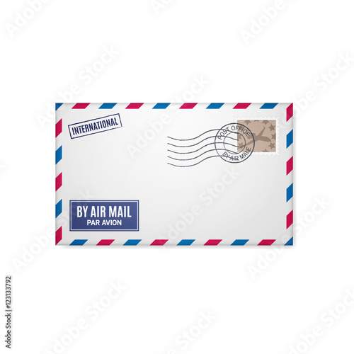 Air mail envelope with postal stamp