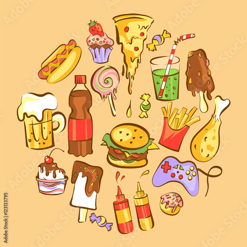 Set of fast food dishes. Junk food in circle composition. Vector illustration for diet and nutrition, weight loss, health and bad habits articles, banners, posters