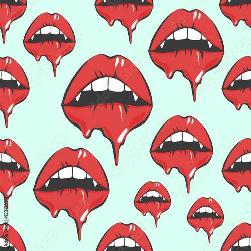 Vampire lips seamless pattern. Pop art vector illustration for halloween, packing, fabric, clothes print