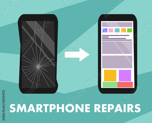 Smartphone repairs flat design sign. Vector illustration of broken and repaired phone with indicative pointers for advertising banners, posters, signs, signboards, articles.