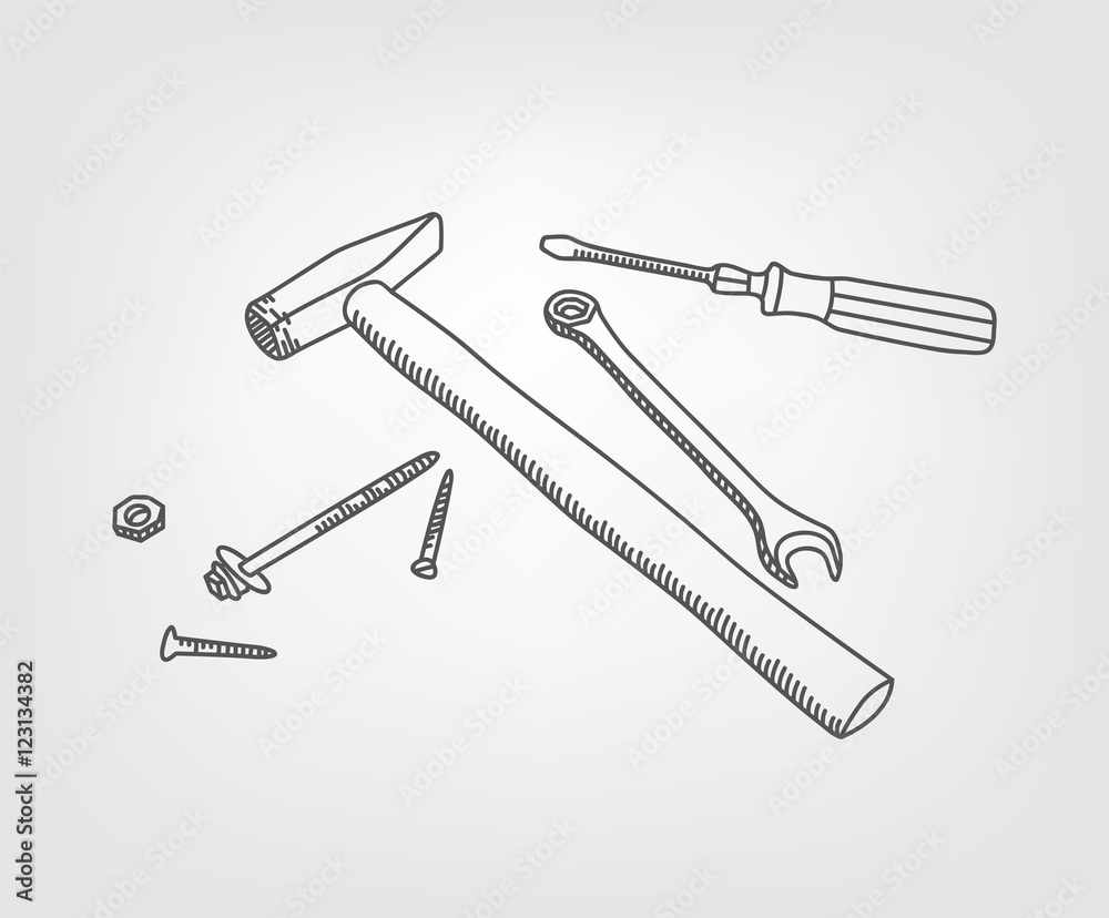 Doodle working tools. Under construction concept composition. Vector illustration