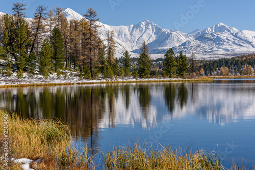 lake mountains reflection snow autumn
