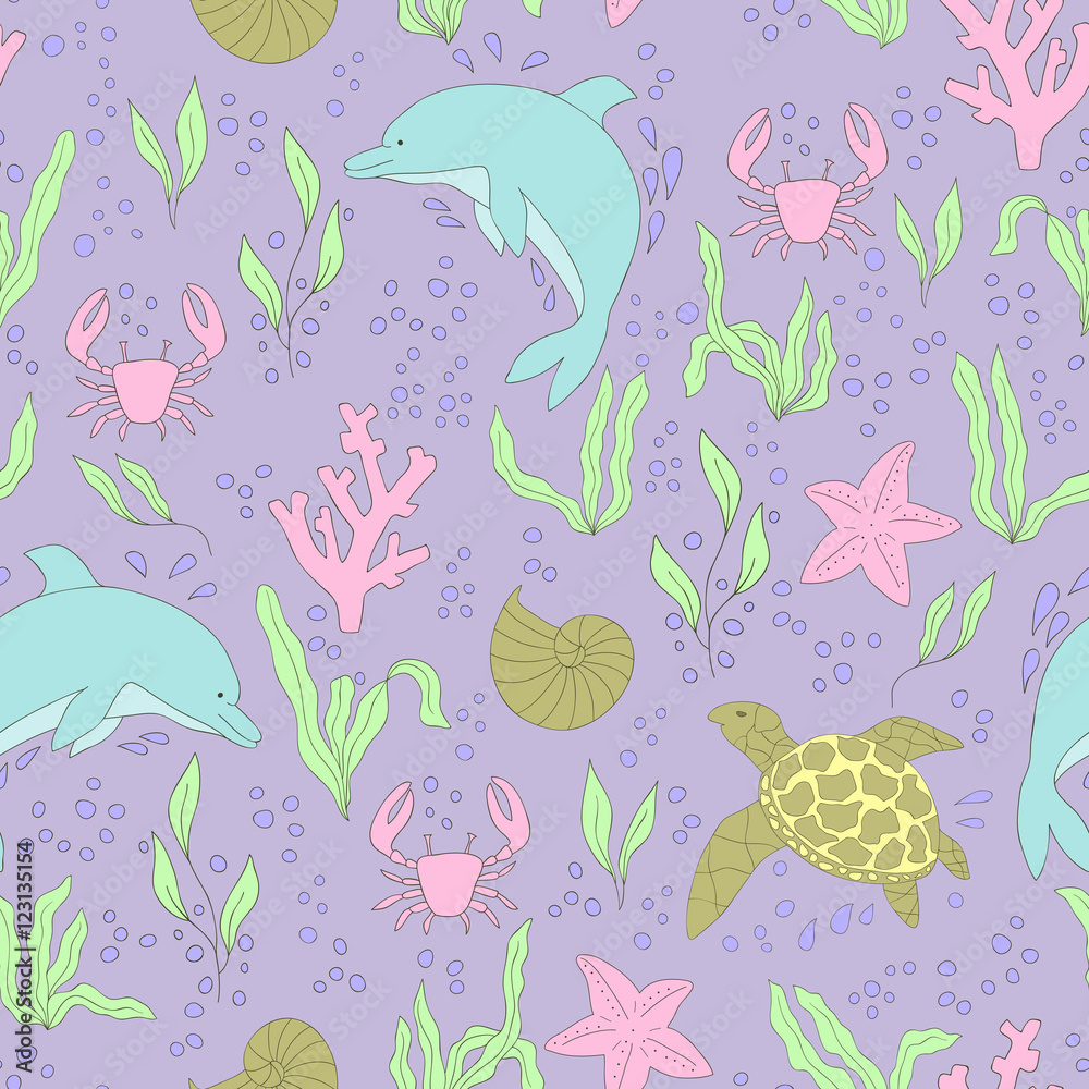 Obraz premium Vector seamless pattern. Hand-drawn doodle set of sea life