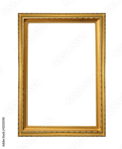 Gold wooden frame isolated on white background.