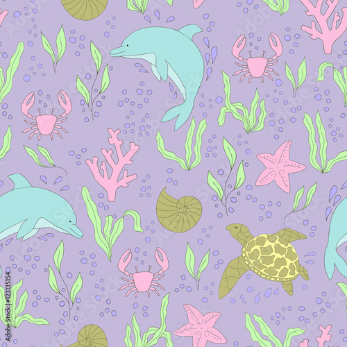 Vector seamless pattern. Hand-drawn doodle set of sea life