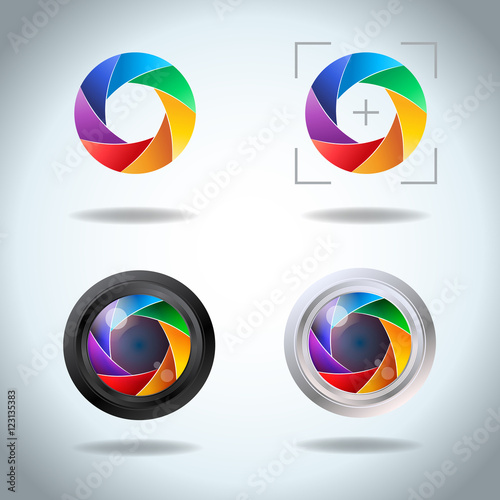 Colorful vector set of lens aperture. Diaphragm of a photo camera shutter spectrum logo icon set. Side exposed aperture blades.
