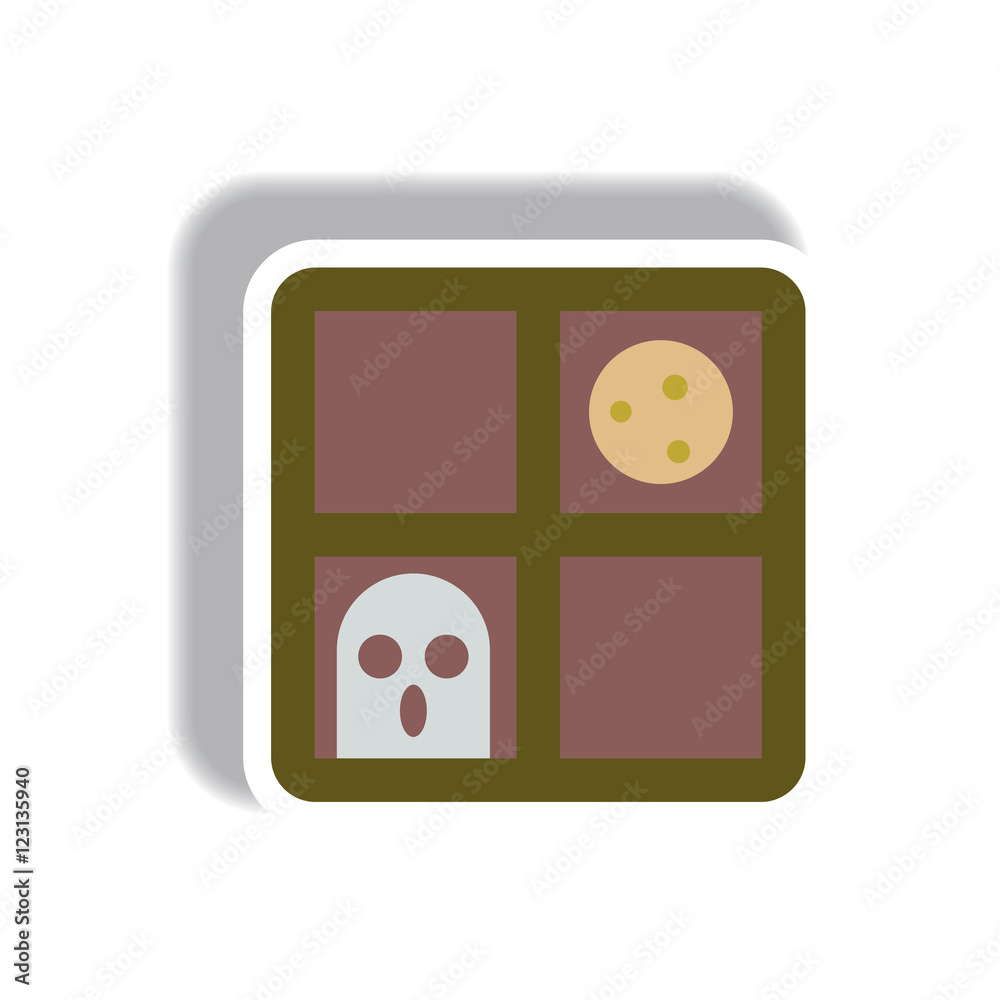 Vector illustration paper sticker Halloween icon ghost and full moon seen from a window Vector illustration paper sticker Halloween icon ghost and full moon seen from a window