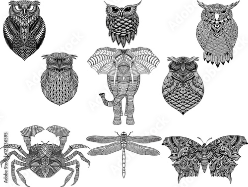 Hand drawn zentangle animaks for adult Coloring Page in style, tattoo, illustration with high details isolated on white background. Vector monochrome sketch. photo