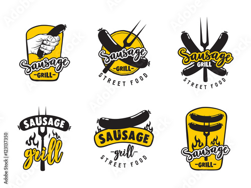 Collection of logos for street food cafe sausage grill