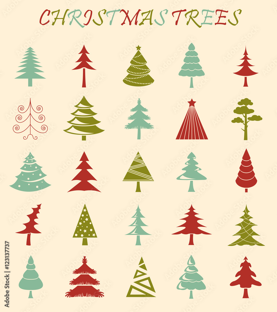 Christmas tree icon set. Flat design. Monochrome version