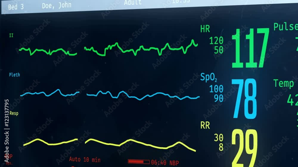 Medical ICU bedside monitor with patient's vital signs, person passing away
