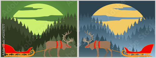 Santa`s sleigh with north deer. Lapland. Winter forest landscape
