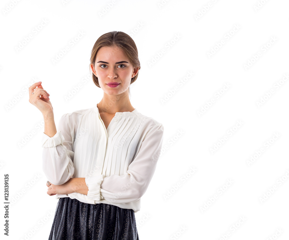 Woman wearing blouse and skirt