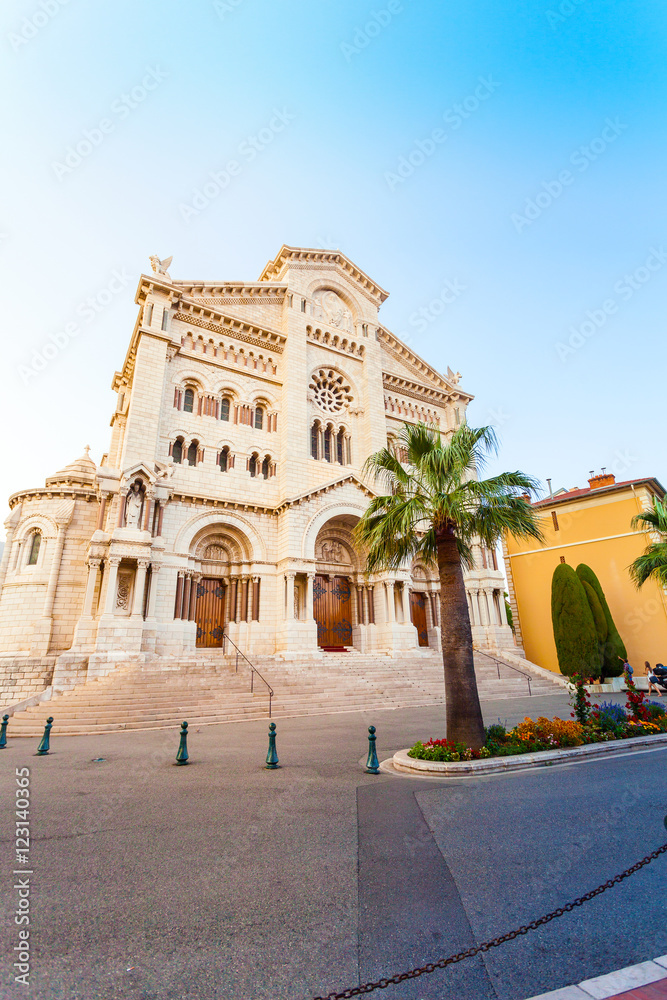 Exterior of the Monaco Cathedral in Monaco-Ville. Beautiful bright church in the last rays of the sun. Cathedrale de Monaco.