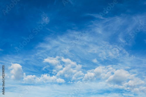 Blue sky with air white clouds. Beautiful heavenly background.