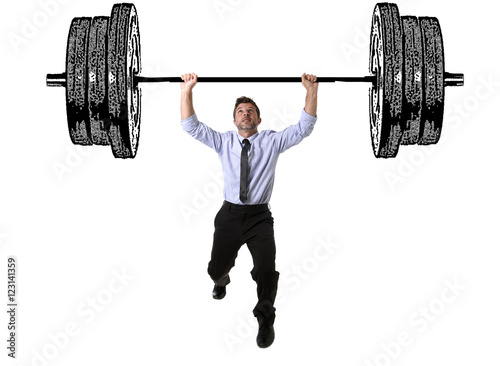 corporate composite of young attractive businessman power lifting heavy dumbbell weights