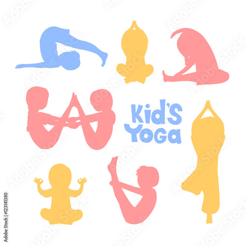 Cute kids silhouettes doing yoga exercises. Yoga kids set. Gymnastics for children and healthy lifestyle. Vector illustration.