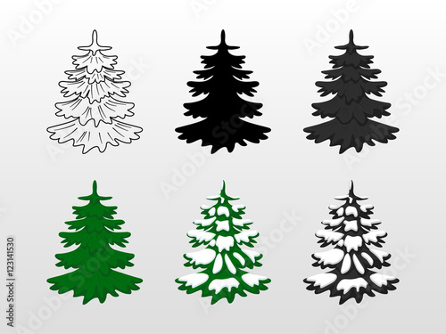 vector illustration. Set icons of Christmas tree, green, black, with snow, contoured silhouette