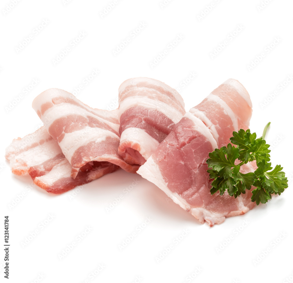 sliced bacon and parsley leaves isolated on white background cu sliced bacon and parsley leaves isolated on white background cu