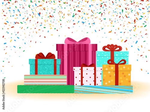 vector illustration. Multicolor confetti falling on packed boxes with gifts. Design for sale, business cards, banners, posters.