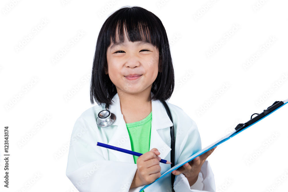 Smiling Asian Chinese Little Doctor Writting On Clip Board Smiling Asian Chinese Little Doctor Writting On Clip Board