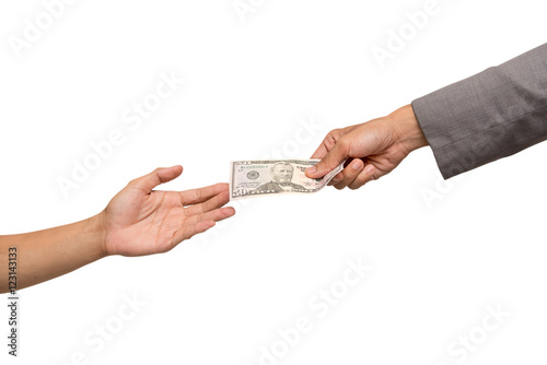 Businessman hand giving money isolated on white background with clipping path.
