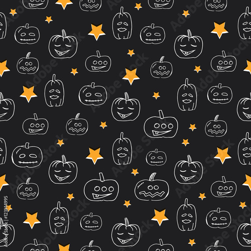 Vector seamless pattern with pumpkins faces. Halloween background.
