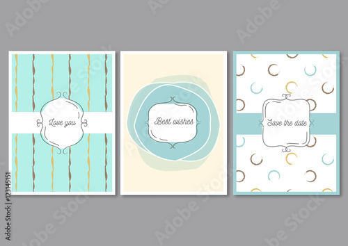 Set of invitation cards with hand drawn patterns. Invite wedding templates or greeting cards. Tiffany colors.