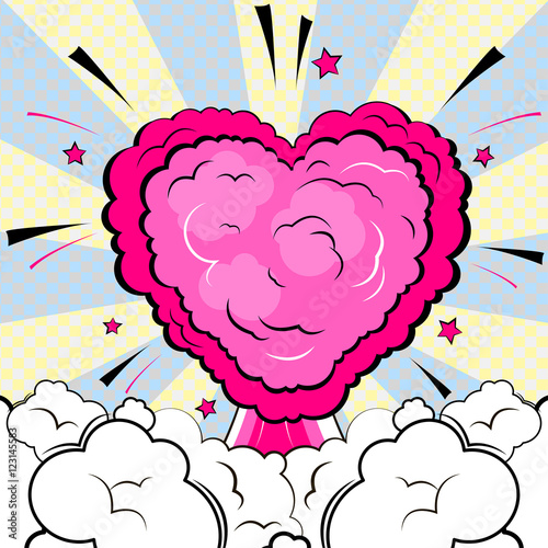 Explosion in form of heart. Isolated retro style comic book background.