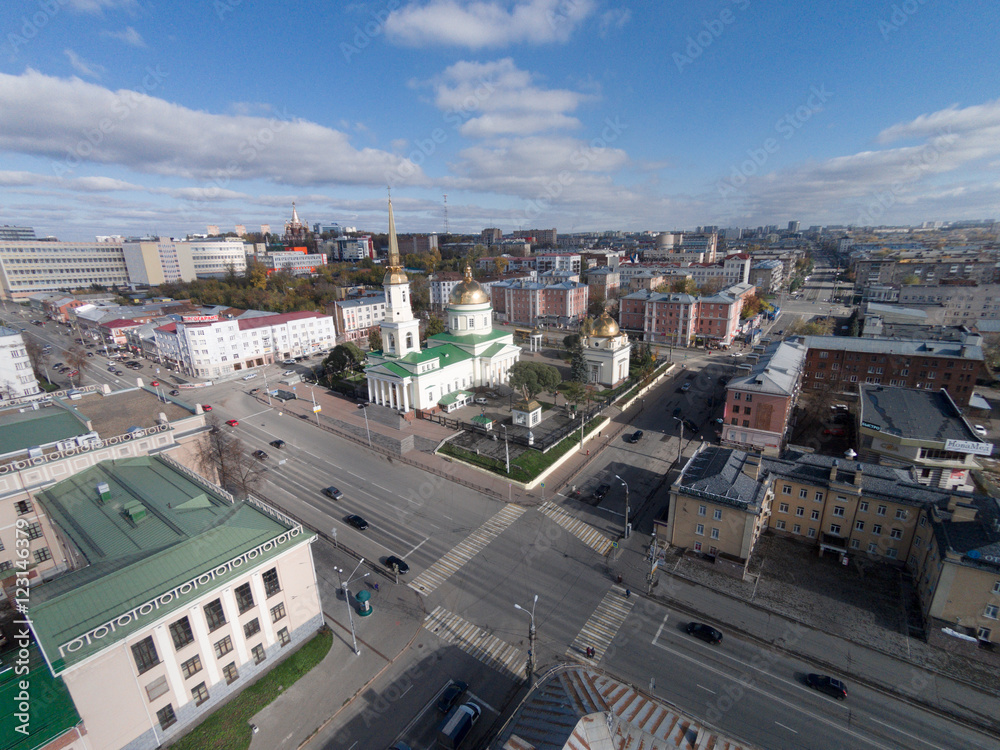 an aerial view of the small provincial town of Izhevsk in the autumn