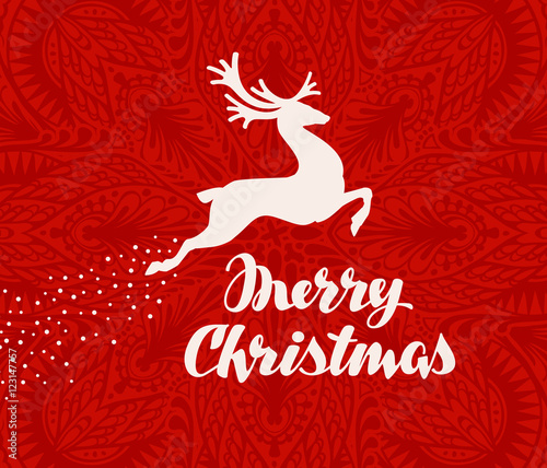 Merry Christmas greeting card. Silhouette of flying deer. Vector illustration