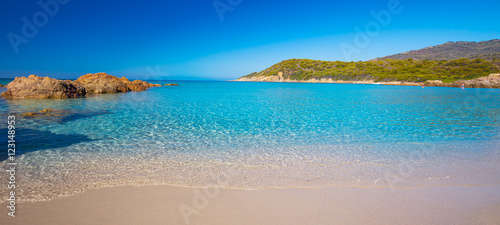 Beautiful sandy beach with rocks near Cargese, Corsica