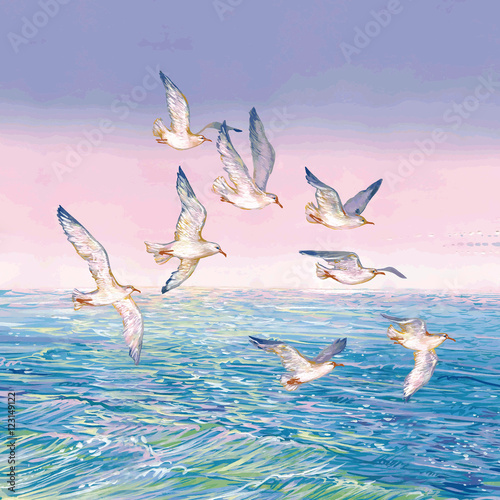 Flying seagull  on sea background. 