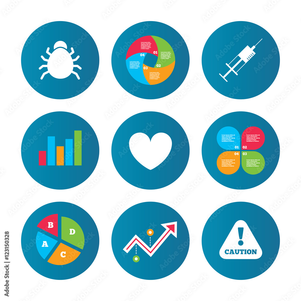 Bug and vaccine signs. Heart, spray can icons. Bug and vaccine signs. Heart, spray can icons.