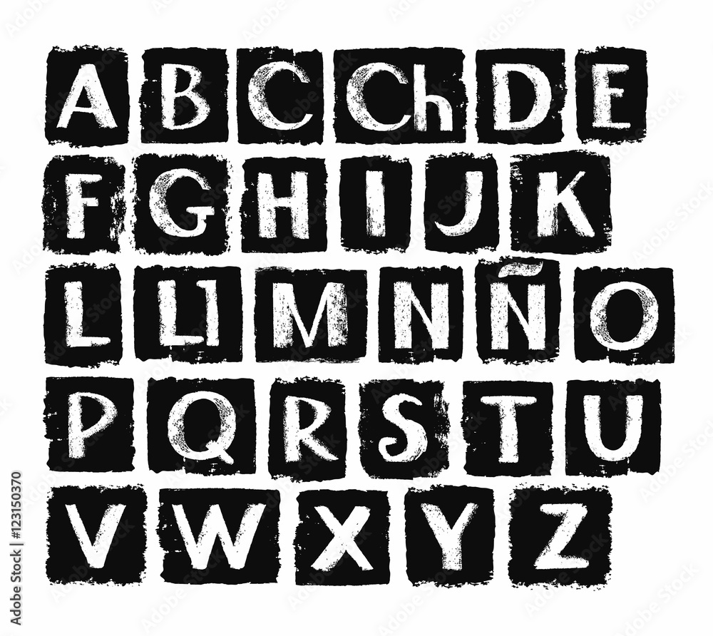 Spanish alphabet, in capital white letters on a black background. Vector, white letters on black rectangles. The texture of chalk on the black soot, simulation.  