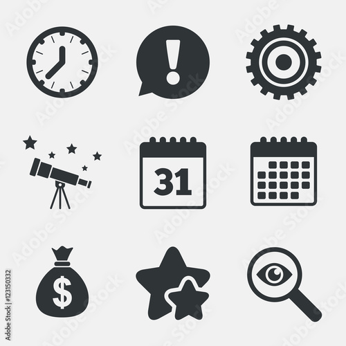 Business signs. Calendar and USD money bag icons.