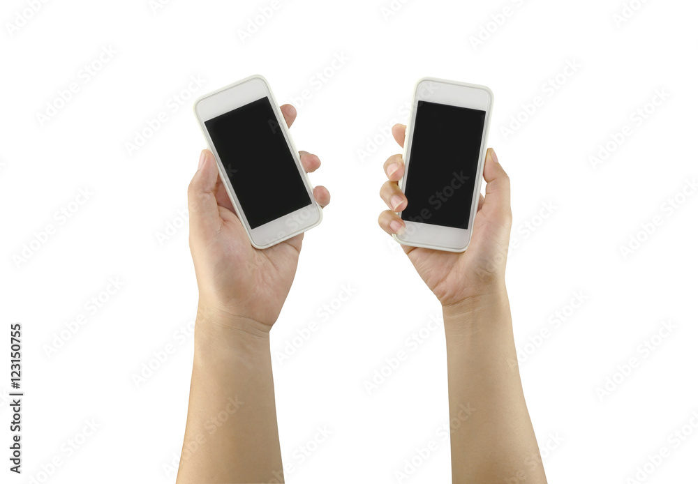White Smartphone in woman hand and man hand isolated on white ba