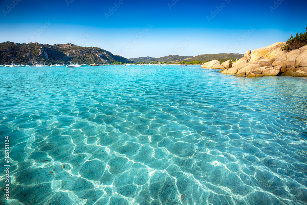 Santa Giulia beach with azure clear water, Corsica, France