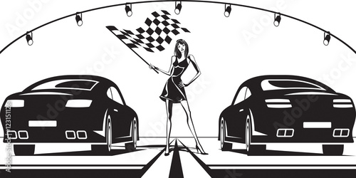 Grid girl launches car race - vector illustration