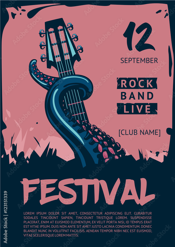 Fototapeta premium Music poster template for rock concert. Octopus with guitar.