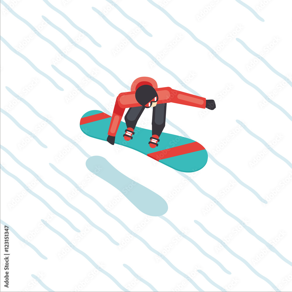 Snowboarder skating from mountain. Flat style cartoon vector. Top view.