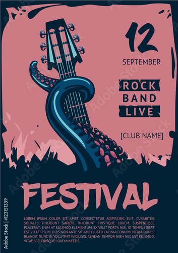 Music poster template for rock concert. Octopus with guitar.